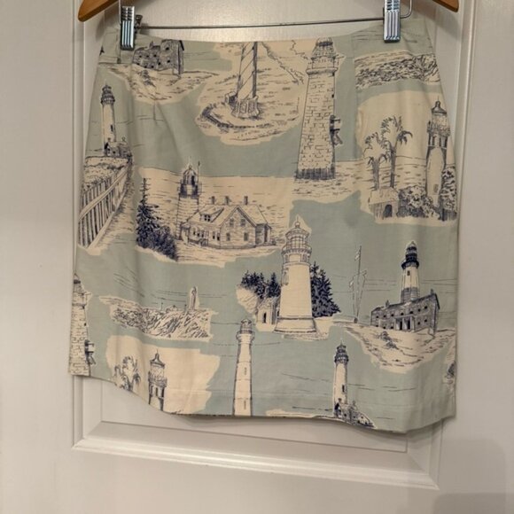 LOVE LIFE FELICE PAPPAS NEW SKIRT MINI BLUE WHITE LIGHTHOUSE PRINT SIZE L - Picture 1 of 7